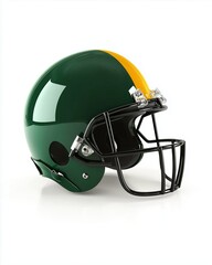 Fototapeta premium Football Helmet: A close-up shot of a modern American football helmet in bright green and yellow, showing its protective design and robust build. 
