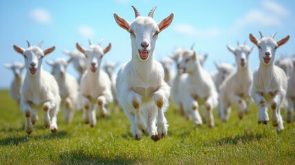 Obraz premium Flock of white baby goats running
