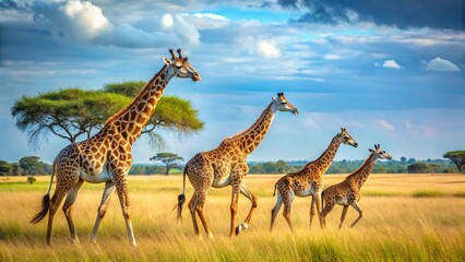 Fototapeta premium A majestic quartet of giraffes gracefully strolls across a golden savanna under a vibrant sky, their long necks reaching towards the sunlit clouds.