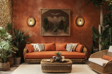 Clear Pixel Image of Boho Interior Design of Living Room with Sofa and Rattan Armchair