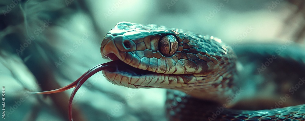 Poster a close up view of a snake with a forked tongue