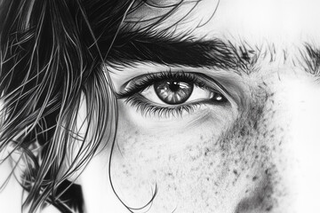 Fototapeta premium Black and white close-up of a young man's eye with freckles