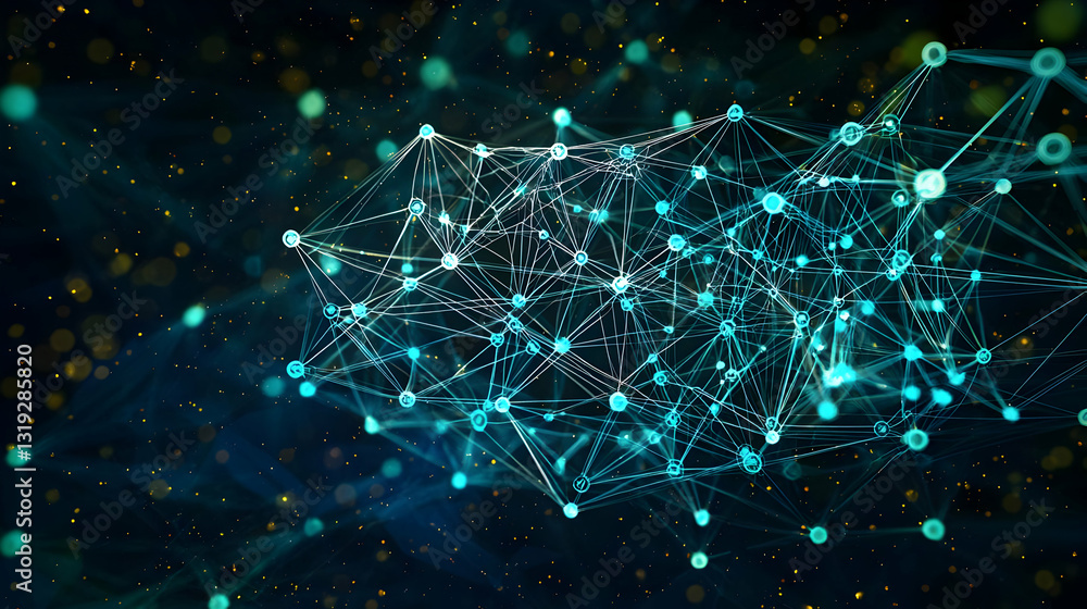 Aufkleber complex glowing teal blue plexus network structure with gold particles against dark background