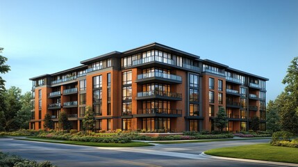 Modern residential building with terracotta exterior, balconies, and landscaped grounds