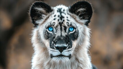 Obraz premium Majestic black-and-white lion with piercing blue eyes, a symbol of rare beauty and untamed wilderness.