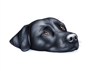 A close-up illustration of a black Labrador retriever resting its head, exuding a calm demeanor, with a minimalistic background emphasizing its expressive eyes