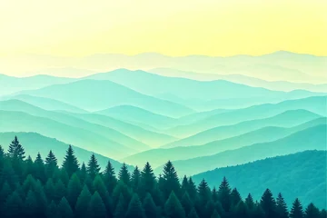 Gordijnen Serene teal mountain range landscape with dark green pine forest sky view blue calm peak soft haze © bunkerfilex