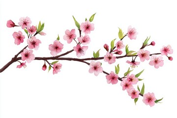 Obraz premium Watercolor Illustration of Blooming Cherry Blossom Branch with Fresh Pink Flowers and Green Leaves