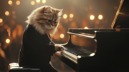 Pet occupational theme, occupational theme featuring pets in professional roles, creative pet occupational theme with pets in diverse careers. A cat plays piano in a dramatic performance.