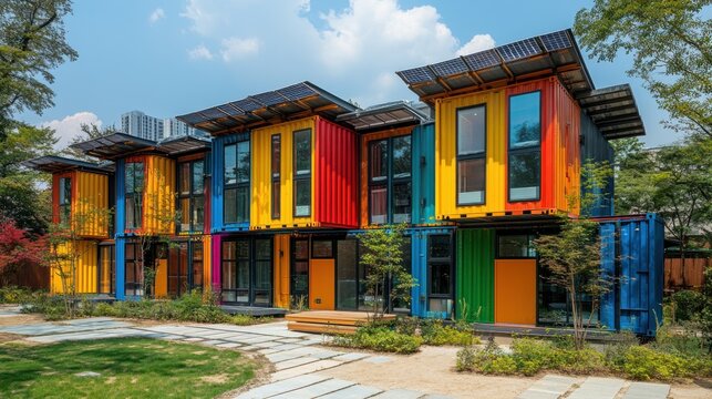 Colorful shipping container homes in a landscaped courtyard