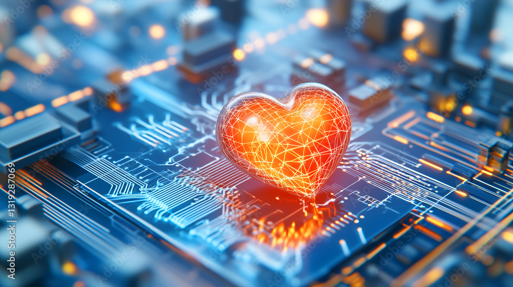 Poster a heart shape made of glowing lines sits on a circuit board, symbolizing the connection between tech