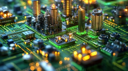 Obraz premium Futuristic city integrated onto a complex electronic circuit board landscape