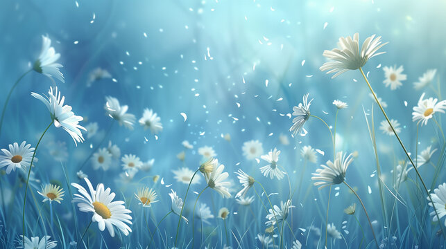 Blue background illustration with a field of daisies on a spring morning day, AI generated