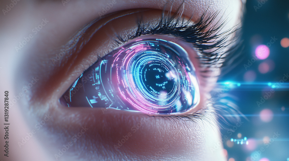 Poster a close-up view of an eye featuring a captivating digital interface with vibrant colors and intricat