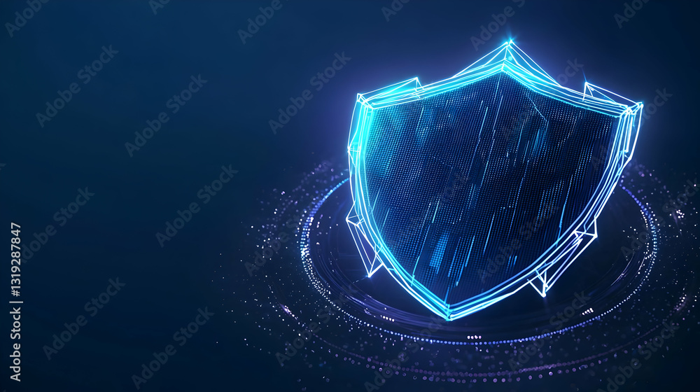 Poster glowing blue abstract shield protecting digital data in cyberspace on dark blue background with futu