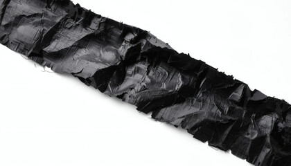 Crumpled black electrical tape strip with a torn edge, half-peeled off, isolated on a white background for a distressed, textured look.