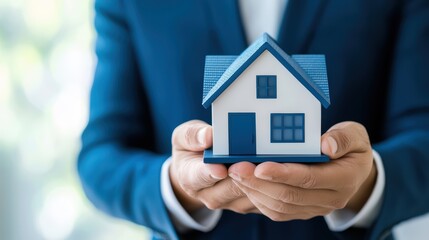 Businessman Holding a House Model Firmly Symbolizing Real Estate Investment and Ownership