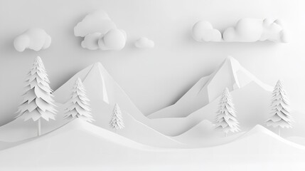 Serene White Mountainscape, Minimalist Paper Art Depicting A Peaceful Winter Scene With Fluffy Clouds And Delicate Evergreen Trees In A Monochromatic Palette