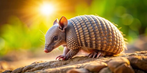 Obraz premium A young armadillo carefully navigates a rocky terrain at sunset, its armored shell gleaming in the golden light, a testament to nature's resilience and beauty.