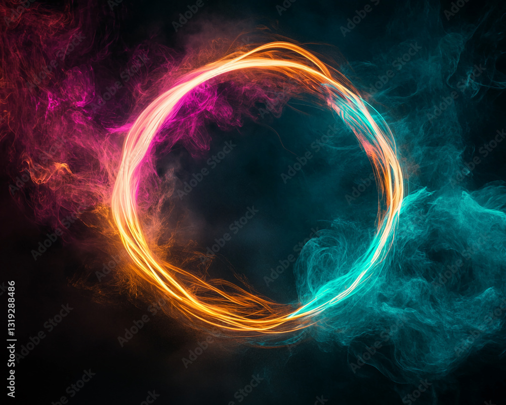 Poster abstract image of glowing orange and teal light trails forming a circular frame in smoky atmosphere,