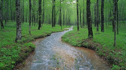 Forest creek flowing through lush green woods