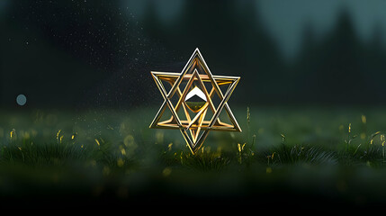 Golden Geometric Star Symbol Floating Above Green Field With Sparkling Light and Blurred Forest Background