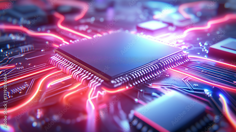 Poster close-up of a high-tech microchip centered on a vibrant circuit board, featuring glowing pathways in