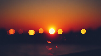 Golden Hour Reflections: The image encapsulates the ethereal charm of dusk, with a sun elegantly positioned in the vibrant sky, complimented by soft, spherical lights. - obrazy, fototapety, plakaty