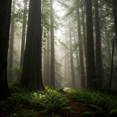 Obraz premium A mystical foggy forest with towering trees and lush ferns, illuminated by beams of sunlight filtering through the dense canopy, creating an enchanting and serene atmosphere.