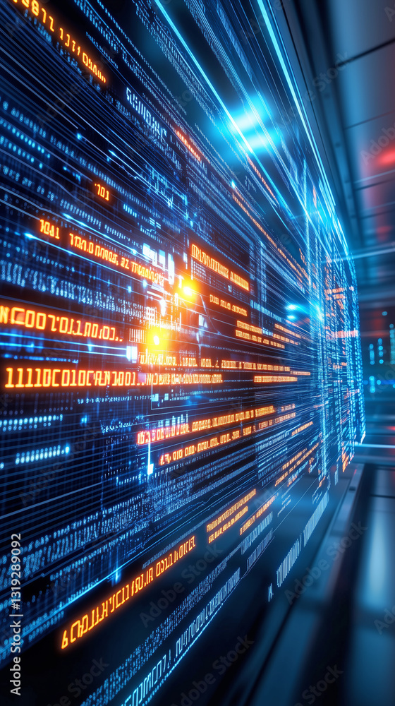 Poster bright lines of code and data streams illuminate a sleek, modern corridor, creating a dynamic repres