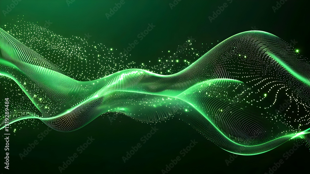 Aufkleber dynamic flowing green particles in a wavy pattern on a dark green background with sparkling light ef