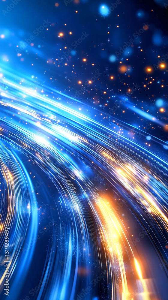 Poster brilliant blue and orange light trails weave in an abstract form, radiating a dynamic sense of energ