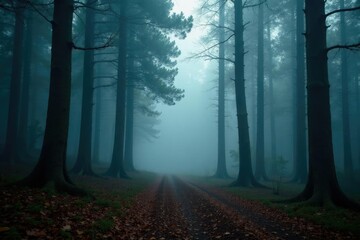 Obraz premium Dense foggy forest with ironwood trees in mist, tree, forest, nature