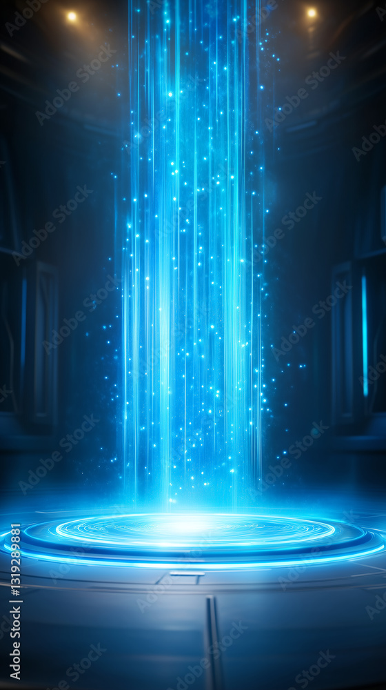 Poster a dynamic display of radiant blue light descends from the ceiling in a high-tech environment. the ci