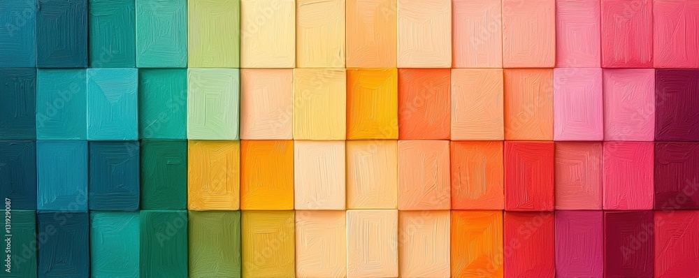 Poster a vibrant display of color blocks arranged in a gradient, showcasing a spectrum from teal to pink, i