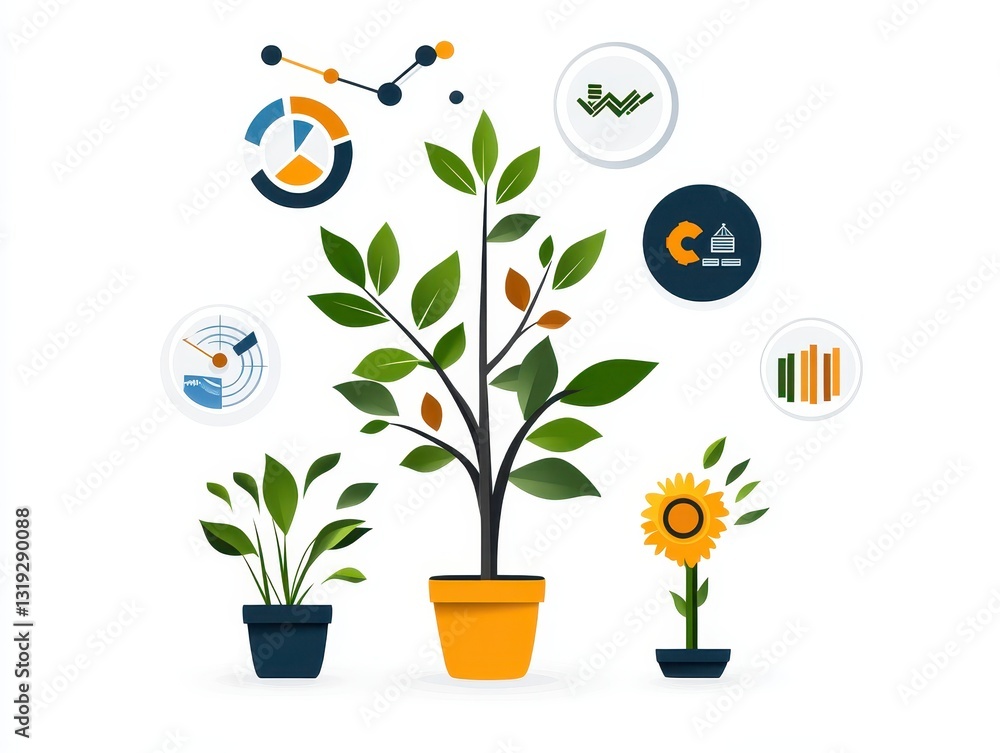 Poster illustrative representation of growth metrics with plants and data graphics