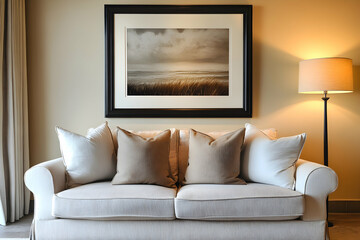 Fototapeta premium Elegant decor featuring a framed artwork and a cozy sofa