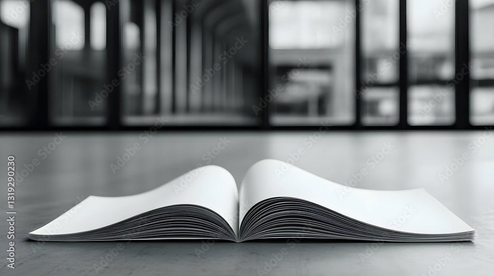 Poster open book with intricate circuit board pattern on pages lies on gray floor in front of blurry window
