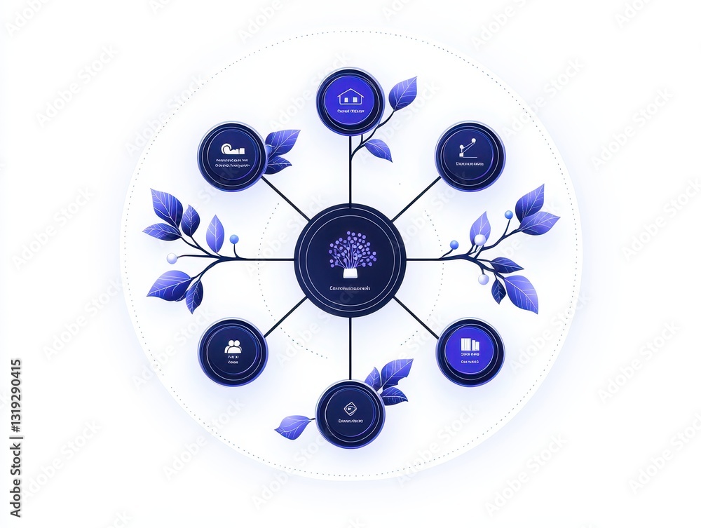 Aufkleber infographic illustrating interconnected concepts with leaves and circular nodes