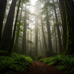 Obraz premium A mystical foggy forest with towering trees and lush ferns, illuminated by beams of sunlight filtering through the dense canopy, creating an enchanting and serene atmosphere.