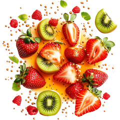 Fresh Strawberries Papaya Kiwi Fruit Scattering Isolated on Transparent Background