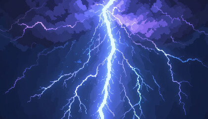 Fototapeta premium 8-bit pixel texture featuring an electric lightning storm with flashing blue and purple bolts