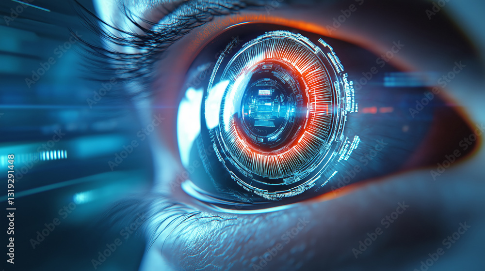 Poster a close-up view captures a human eye featuring a complex digital interface within the iris, showcasi