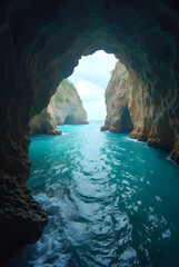 Naklejka premium Mystical Sea Cave with Coastal Entrance, Turquoise Waters, and the Enchanting Fusion of Land and Sea