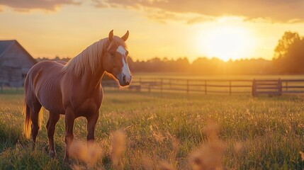 Majestic Horse Stands Gracefully in a Serene Sunset Landscape