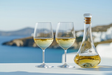 White wine in glasses and decanter served with a view of the Mediterranean island