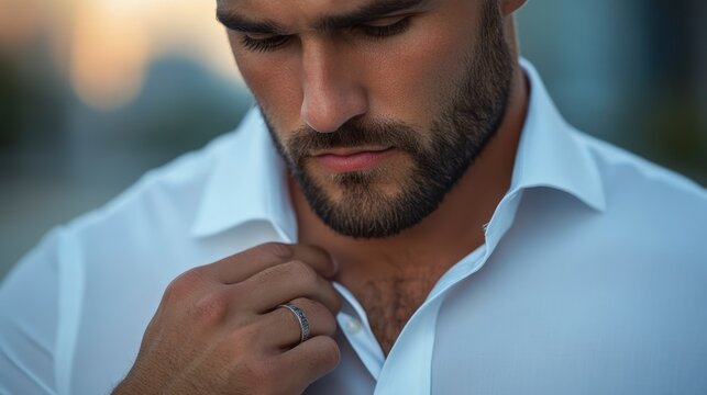 Man in a crisp white shirt making final adjustments, poised and confident, showcasing attention to detail in a professional setting