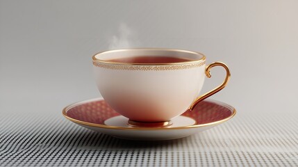 A Steaming Cup Of Tea, A Moment Of Quiet Warmth And Tranquility, In A Delicate Porcelain Teacup With Gold Accents And A Rich Burgundy Saucer