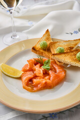 Elegant Salmon Tartare with Toasts A Culinary Art in Soft Lighting