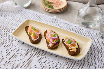 Elegant Borscht Bread Toasts with Herring A Rustic Culinary Delight in Subtle Natural Lighting